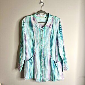 Soft Surroundings Cia Gauze Button Front Pocket Tunic Shirt Pastel Striped Sz L